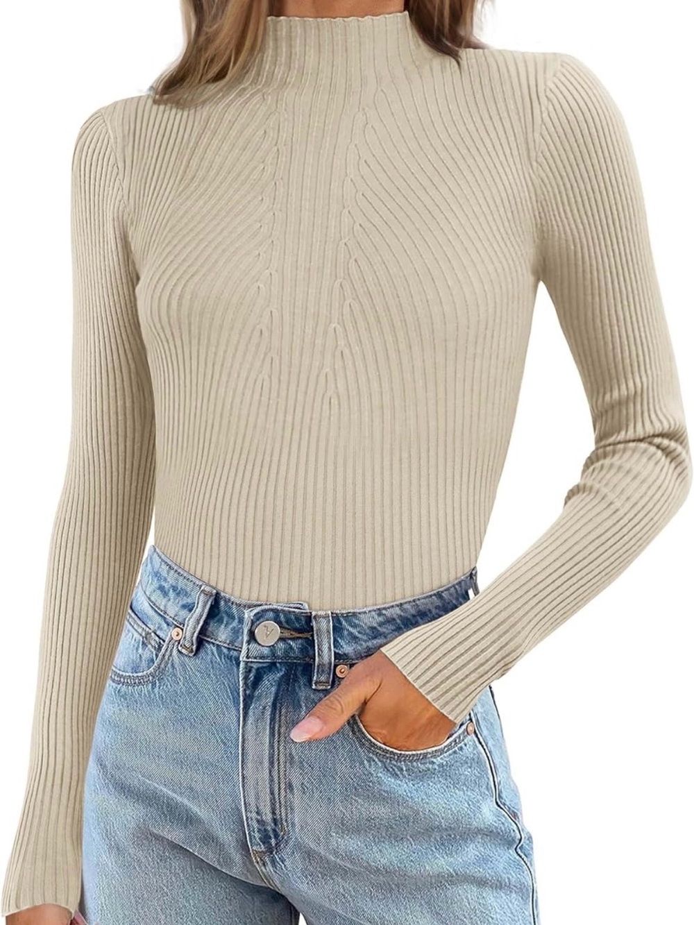 Athmill Ribbed Long Sleeve Mock Neck Top in Beige